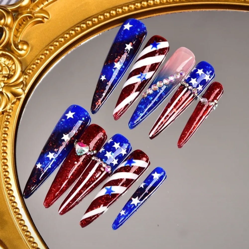 Handmade Independence Day Nail Art Set 10 Pcs of High-Quality Press On XL-Length